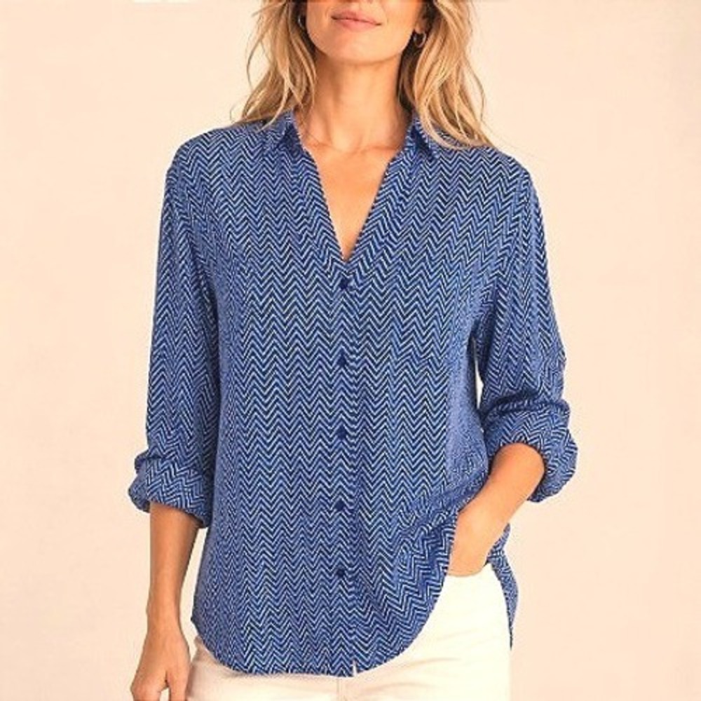 The Limited Ashton Blue White Chevron Roll Button Sleeve Career Blouse L